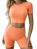 LNSK Damen Workout Nahtlose Outfits Gerippt Yoga Laufen 2 Stück Rundhals Crop Top Gym Hohe Taille Sport Shorts Sets - Orange - M