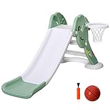 HOMCOM Kinderrutsche Baby Rutsche mit Sicherheitsdreieck-Design Indoor oder Outdoor strukturierten Stufen und seitlichem Basketballkorb Grün+Weiß 146 x 68 x 68