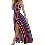 Damen Sommerkleid Mode V-Ausschnitt Ärmellose Sling Blumendruck Strandkleid Lässig Spaghettibügel Bodenlanges langes Maxikleid Für Strandparty(M,Mehrfarbig)