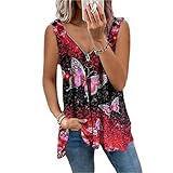 DOMBX Damen Tanktop Sommer Ärmellos Tiefer V-Ausschnitt Reißverschluss Plissee Rüschen Dip Saum Lose Cami-Shirt Weste Frauen Große Größe Rose Blumen Schmetterling Bedruckt Boho Crop T-shirt Bluse H
