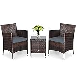 GIANTEX 3 tlg. Polyrattan Gartenmöbel Set, Balkonmöbel Set Sitzgarnitur Sitzgruppe, Rattan Gartenmöbel 1 Tischchen & 2 Stühlen, inkl. Kissen, Gartenlounge Set Gartengarnitur (mit Kissen in Grauen)