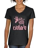 Comedy Shirts - Das letzte Einhorn 2 - Damen V-Neck T-Shirt - Schwarz/Rosa Gr. L