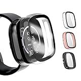 PEYOU【3 Stück】Hartes PC hülle mit Displayschutzfolie aus gehärtetem Glas Kompatibel mit Fitbit Versa 3/Sense, schutzhülle mit voller Abdeckung,empfindlichem schlankem Touchscreen,Roségold/Schwarz/