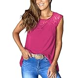 Tanktops mit Rundhalsausschnitt für Damen, lässiges, ärmelloses Oberteil mit Blumenmuster und Spitzensaum, lockere Passform, Tunika-T-Shirts, rosarot, Larg