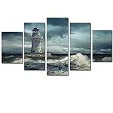 HJFGJ Leinwand Wandbilder 5 Teilige Bilder Leuchtturm Rahmenwand Meerblick Landschaft Moderne Hd Print Wandbild Kreatives Geschenk Wandkunst Wandbild 5 Stück Wohnzimmer Wand Wohnkultur(Mit Rahmen)