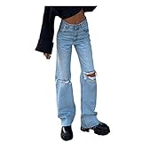 BingThL Damen Straight Jeans Boyfriend Zerrissene Destroyed Straight Denim Hose mit Löchern Lässig Jeanshosen Freizeithose Retro Wide Leg Denim Elegant High Waist Hosen Schlag