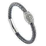 DFWY Herren Edelstahl Viking Runen Perlen Leder Geflochten Armband, Nordischen Kompass Vegvisir Symbole Amulett Schmuck, Mode Charme Gothic Stil Manschette Armreif (Size : 21CM)