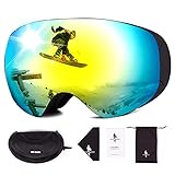 FREE SOLDIER Skibrille für Herren und Damen Antibeschlag OTG Snowboardbrille mit Abnehmbarer Linse Winter Magnetische Rahmenlose Skibrille für Brillenträger mit 100% UV400-Schutz(Golden-8% VLT)