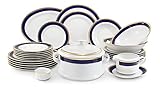 Leander - Kobalt und goldene Zopf Speiseservice /25 TLG. für 6 Personen. Weiße Porzellan, Geschirrset Kombiservice, Tellers, Schüssel, Platte, Sauciere, Terrine, S