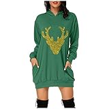 Deloito Weihnachtskleid Damen Weihnachtspullover Langarm Hoodie Kleid Weihnachten Blusenkleid Christmas Kapuzenpullover Lang Sweatshirt Casual Pullover mit Kapuze Rotweinglas Drucken Lang