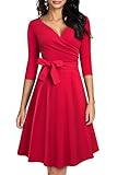 HOMEYEE Damen Retro 50s V-Ausschnitt mit Schärpe Swing Cocktail Party Kleid A240 (M, Rot)