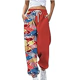 Jogginghose Damen Elastischer Bund Freizeithose Haremshose Herbst und Winter High Waist Bindegürtel Lässige Sporthose Sweathose mit Taschen Frauen Mode Bunte Vintage Druck Laufen Fitness Training