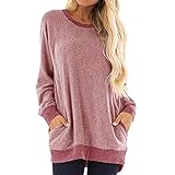 SALEBLOUSE Damen Basic Langarm Tunika Tops Loose Fit Patchwork Rundhals Bluse Pullover mit Taschen Frauen Übergröße Comfort Herbst Sweatshirt Pullover Einfarbig Fashion Shirts Oberbekleidung B