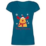 Weihnachten & Silvester Geschenke Party Deko - Merry Christmas Rentier - XXL - Türkis - XO1525 - XO1525 - Damen T-Shirt mit V