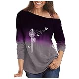 Langärmeliges T-Shirt-Top für Damen, Löwenzahn, Schmetterling-Druck, Sommer, Herbst, Farbverlauf, Rundhalsausschnitt, schulterfrei, Bluse, Hemden, leger, modisch, leicht, Tunika-Tops, violett, X-Larg