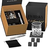 TWHISKY Premium Whisky Glas Geschenkset - 1 Whiskey Glas Tumbler 300 ml, 4 wiederverwendbare Whisky Steine aus natürlichem Basalt, 1 Schiefer-Untersetzer, Zange & hochwertiger Geschenkbox