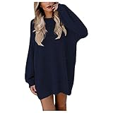 KIMODO Winterkleider Strickkleider Stricksweat Strickpullover Pulloverkleid Mode Damen Einfarbig Rundhals Langarm Lose Plüsch Kleider Minikleid Warm Freizeitkleider (E-Dunkelblau, XL)