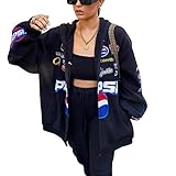 Onsoyours Bomberjacke Damen Sweatjacke Ladies College Sweat Jacket Reißverschluss Für Frauen Oversized Patchwork Jacke Vintage Druck Jacken Baseball Mantel (F Schwarz, L)