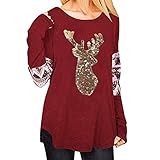 OSYARD Damen Christmas Oberseiten,Kariertes Patchwork Rentier Blumendruck Langarm Bluse, Fashion Frauen O-Ausschnitt Splice Bluse Tops Kleidung T-Shirt Pullover Sweatshirt Ob