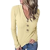 Zldhxyf Langarmshirt mit Knöpfen Einfarbig Blusen Damen Teenager Mädchen Oberteile Streifen Langarm Shirt Casual V-Ausschnitt Bluse Frühling Herbst Leicht Tops Mode Hemd Slim Fit Streetw