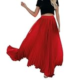 Xmiral Damen Faltenrock Hohe Taille Vintage Falten Vintage Lose Strand Wrap Knöchellänge Polyester Kleid(M,Rot)