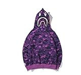 Sweatshirt-Jacke mit Kapuze mit Hai- und Camouflage-Print, Baumwolle, lockere Passform, Reißverschluss, Hip Hop-Hoodie-Hacke für Damen und Herren, violett, M