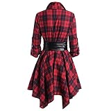 Sisifa Damen Kariertes Kleider unregelmäßiges Saum Freizeithemd Langarm Tunika Kleid Button Down Shirtkleider Gürtel Party Minikleid A-Linie Kleid Hemdk