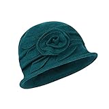 ITODA Wollmütze Winter Glockenhut Damen Wintermütze mit Blumen Eimerhut Elegant Retro Damenmütze Warm Weich Winterhut Herbst Fischermütze Winddicht Wollhut Fedora Elastisch Damenhut Outdoor F