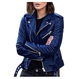 Onsoyours Damen PU Lederjacke Bikerjacke mit Reißverschluss Kurze Jacke Herbst Frühling B Blau M