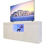 Dripex TV Lowboard Fernsehtisch Board mit LED Beleuchtung Weiß Hochglanz mit Türen und Klappe, 135x70x33.5