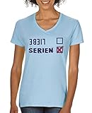 Comedy Shirts - Liebe Nein, Serien ja - Damen V-Neck T-Shirt - Hellblau/Lila-Fuchsia Gr. L