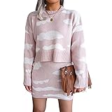Chilema Damen Strickoberteile Muster Strickset Rundhals Langarm Top und Hohe Taille A-Linie Rock, rose, 42