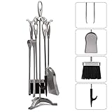 Amagabeli 5 Stück 25.2'(64cm) Kaminwerkzeuge Sets Silber Schmiedeeisen Kaminzubehör Indoor für Holzständer Feuerstelle Ständer Feuerzange Schaufelbürste Schornstein Poker Holzofen Herd Werkzeug