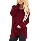 T-Shirt Bluse Tops Damenmode Lose Langarm O-Ausschnitt Casual Solid (XXL,Wein)