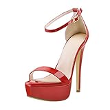 Only maker Damen Plateau Sandaletten Glitzer Metallic Sandalen Pumps Riemchensandalen High Heels Stiletto Rot Lack 38 EU