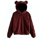 CPNG Women's Fall Winter Tops Long Sleeve Fleece Sweatshirt Warm Bear Shape Fuzzy Hoodie Pullover with Pocket (Wine, XXL)