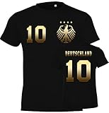 WM Deutschland Kinder Fan T-Shirt Trikot Beidseitig Bedruckt mit Wunschname & Zahl, Gold-Schwarz, Gr. 106/116 (6 Jahre)