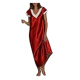 Geilisungren Damen Nachthemd Kurzarm Spitze Nachtkleid Satin Lang Schwarz Nachthemd Sexy Dessous Negligees V-Ausschnitt Nachtwäsche für Frauen Unterwäsche Sleepwear Lange Trägerkleid Unterk