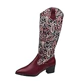 RTPR Hohe Stiefel Winter Schuhe mit Absatz, Vintage-Stickereidruck Sexy Mode Casual Kunstleder Mittlere Stiefel Kniehohe High Heels Boots Boots Blockabsatz Lange Stiefel S