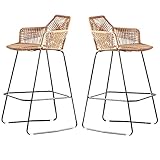 XPHZHJ- Barstools Outdoor Barhocker 2er Set Barhocker aus Korbgeflecht Rattanstühle Barstuhl mit Armlehnen Küche Frühstück Familie Hochstuhl Allwetter Wicker Terrassenmöb