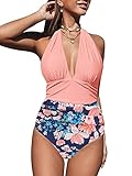 CUPSHE Damen Badeanzug Neckholder Bauchweg Strandmode Tiefer V Ausschnitt Blumenmuster Einteilige Bademode Swimsuit Pink floral M