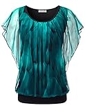 BAISHENGGT Chiffon Blusen, Damen Falten Kurzarm Tunika Batwing Rundkragen Bluse Pfau Blau XX-Larg