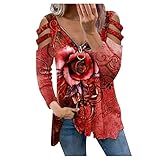 Damen-T-Shirt mit Vintage-Druck, langärmelig, sexy, schulterfrei, mit Reißverschluss, Baggy-Bluse, Top, Sommer, lässig, lockere T-Shirts, Ladeis Herbst Basic Elegant Pullover Unterhemd, rot, Larg