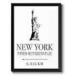 New York Freiheitsstatue mit individueller Entfernungsangabe personalisiertes Bild optional mit Holz-Rahmen Geschenk Geschenk