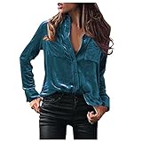 Damen Tops Langarmshirt Winter Mode V-Ausschnitt Samt Langarm Knopftasche Freizeithemd Einfarbiges Oberteile Frauen Tops Sexy Blusen Langarm V-Ausschnitt Button Down Samt S