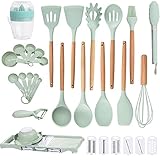 Aekohaus Silikon-Kochutensilien-Set, Pfannenwender, alles in einem mit Holzgriff-Halter, Messbecher und Löffeln, Antihaft-Kochgeschirr-Set mit Gemüseschneider-Zubehö