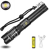 LED Taschenlampe Aufladbar, Extrem Hell 8000 Lumen XHP50 Taktische Taschenlampe, Starke Zoombare Wasserdicht 5 Modi USB Flashlight mit Powerbank Funktion und Akku für Camping Outdoor Wandern N