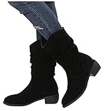 Hotberry Damen Halbhohe Stiefel mit Dicke Absätze Western Cowboy Stiefel Schlupfstiefel Winterstiefel für Frauen rutschfest Outdoor Bequeme Schneestiefel Motorradstiefel Halb