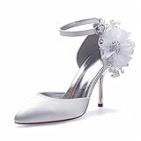 YiLuFanHua Damen Hochzeitsschuhe Stiletto-Absatz Spitz Brautschuhe Sexy Satin Nachahmung Perlenblume Pumps Größe,Weiß,40 EU