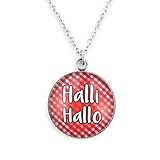 SCHMUCKZUCKER Damen Kette mit Anhänger Spruch Motiv Halli Hallo Edelstahl Silber-Farben rot Weiss kariert Großer Anhänger (25mm) - Kurze Kette (45cm)